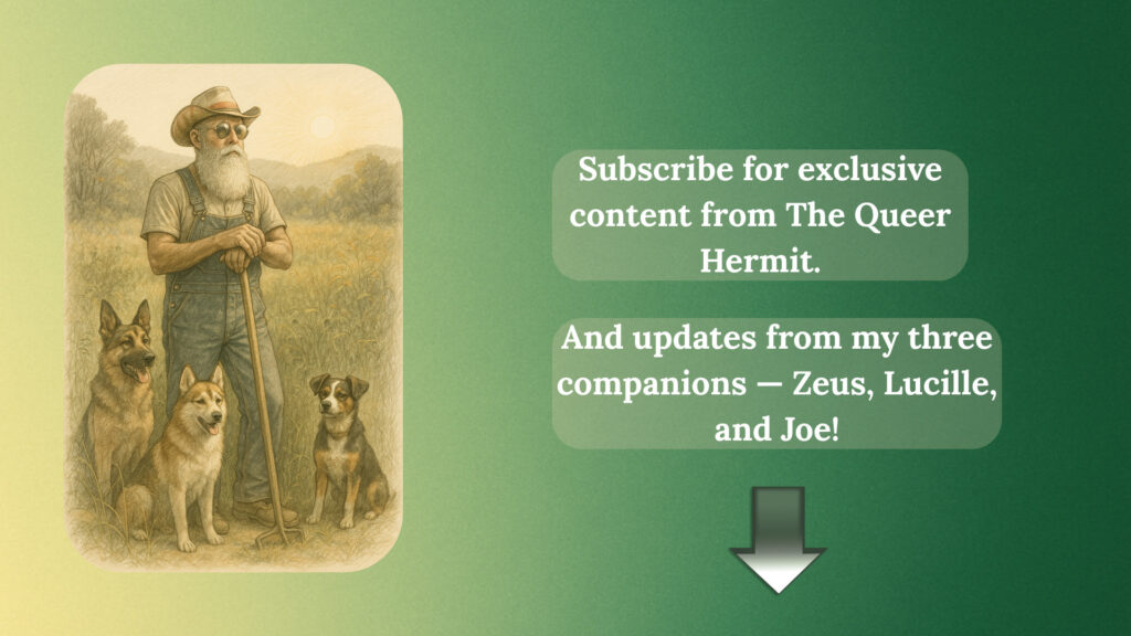 AI drawing of Robert with his dogs, Zeus, Lucille, and Joe, standing in a field with a shovel.