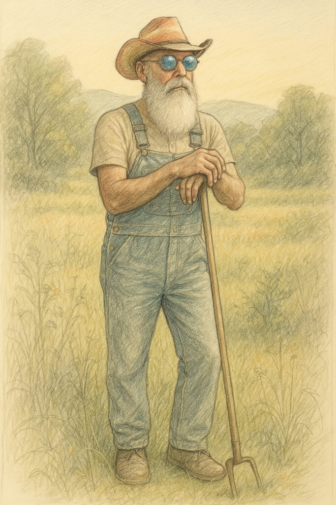 Pencil drawing of an older man in overalls and sunglasses, standing in a sunny meadow with a pitchfork.
