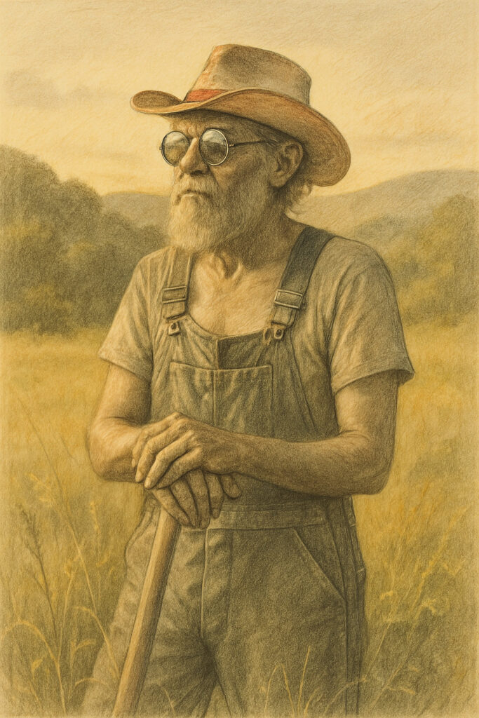 Pencil drawing of an older man in overalls with a beard and straw hat, standing in a golden field at sunset