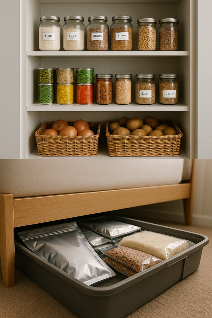 Split image of a kitchen pantry and under-bed storage, both neatly organized to prevent food storage mistakes.