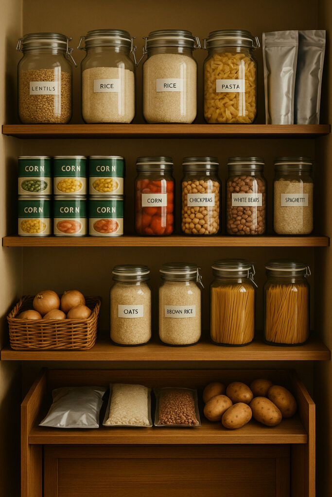 Vertical image of a well-organized pantry with labeled jars, canned goods, and properly stored produce, designed to prevent food storage mistakes.
