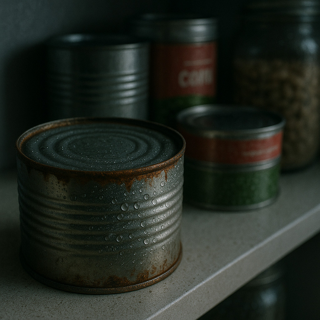 Close-up of a rusty canned food lid showing condensation, a clear example of food storage mistakes caused by excess humidity.