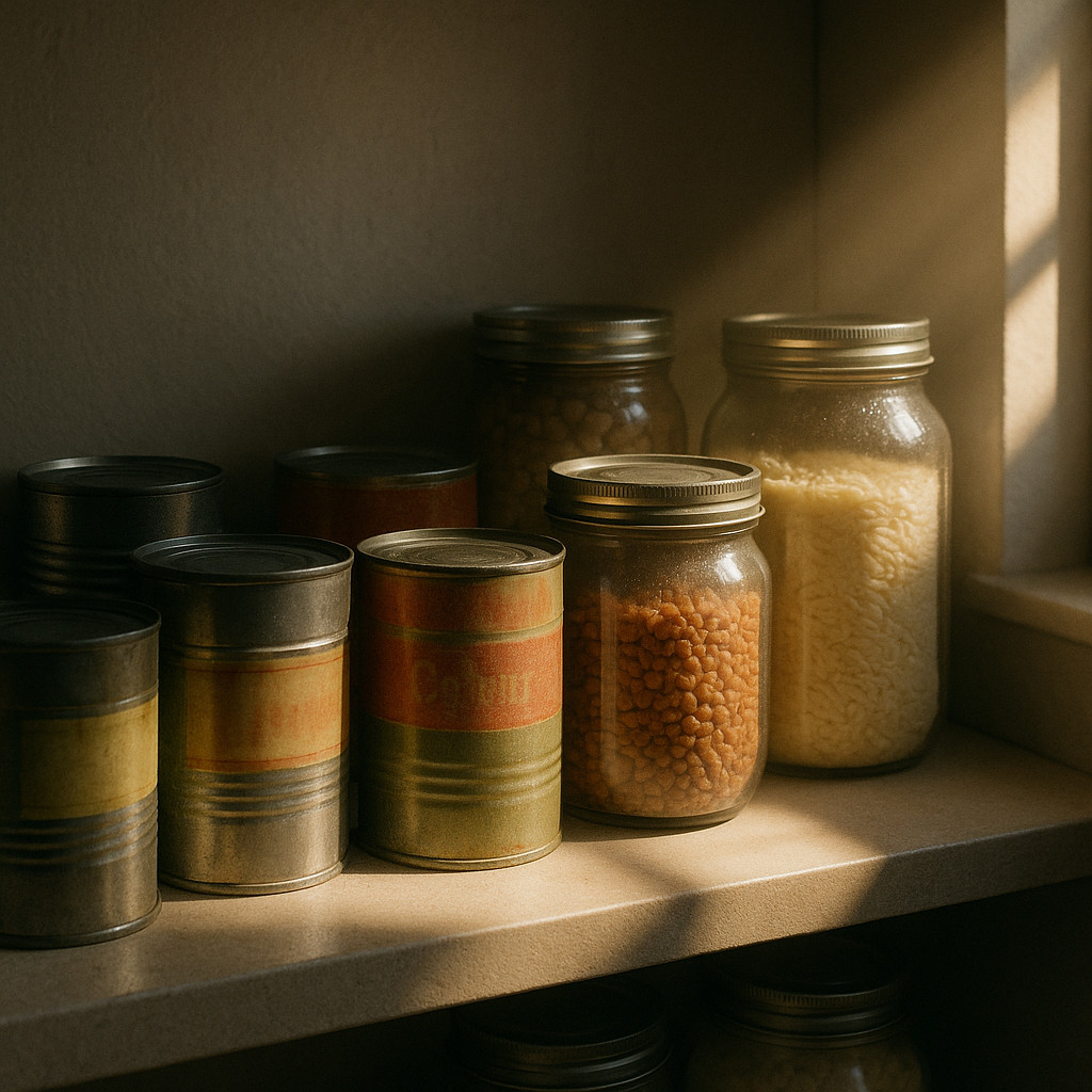 Shelf of canned goods and jars exposed to sunlight, showing faded labels and signs of spoilage—highlighting food storage mistakes.