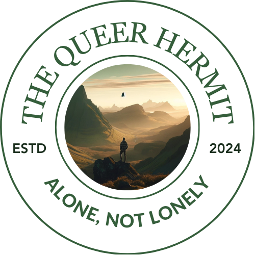 Logo for The Queer Hermit featuring a lone figure standing in a mountain landscape with the words “The Queer Hermit” and the motto “Alone, Not Lonely.”